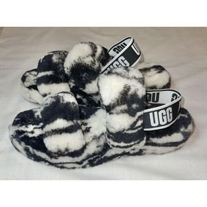 Ugg Womens Oh Yeah Marble Sz 8 Black & White Sheepskin Slide Slippers